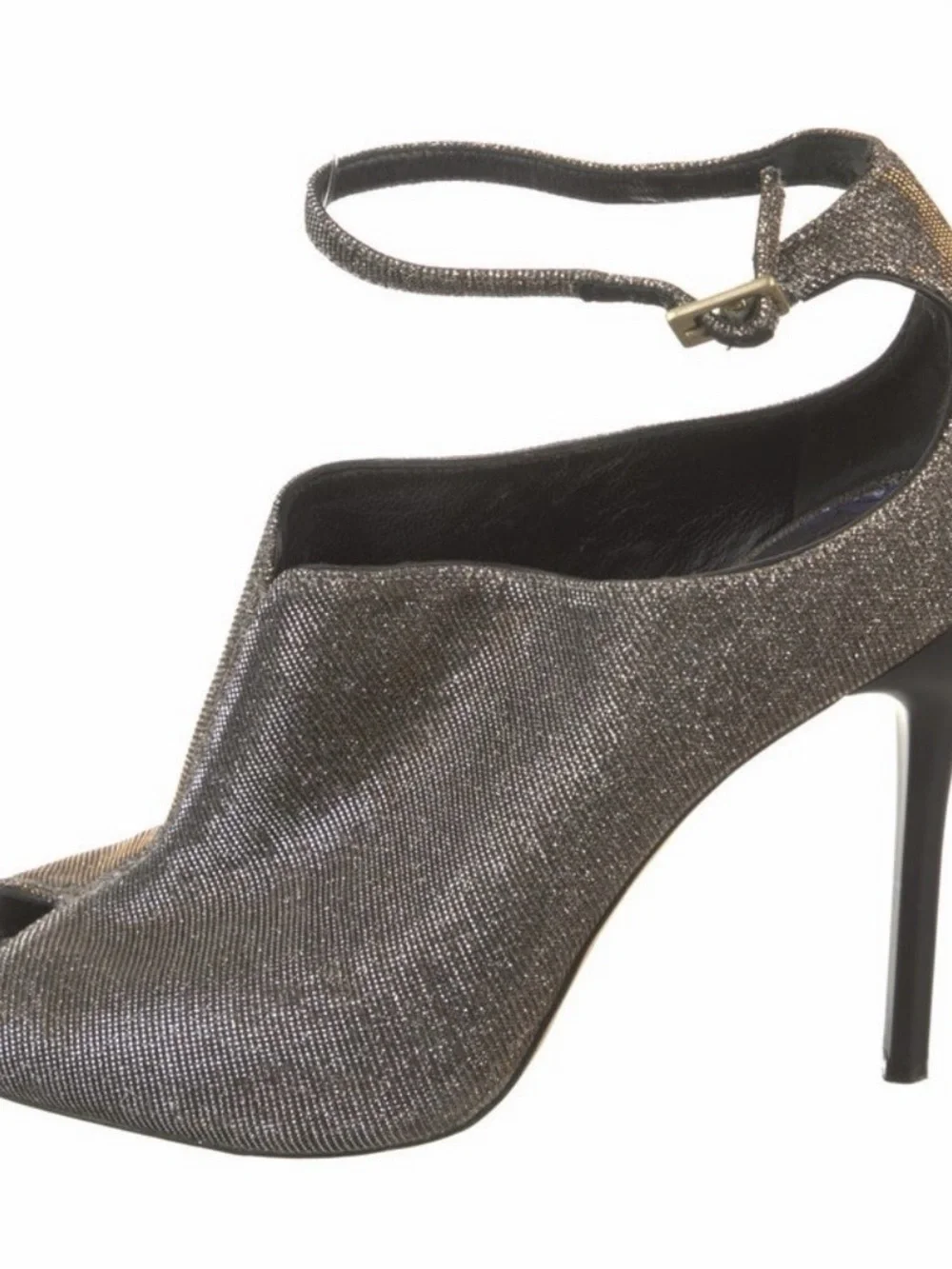 Brian Atwood Metallic Black and Gold Peep-Toe Slingback Heels